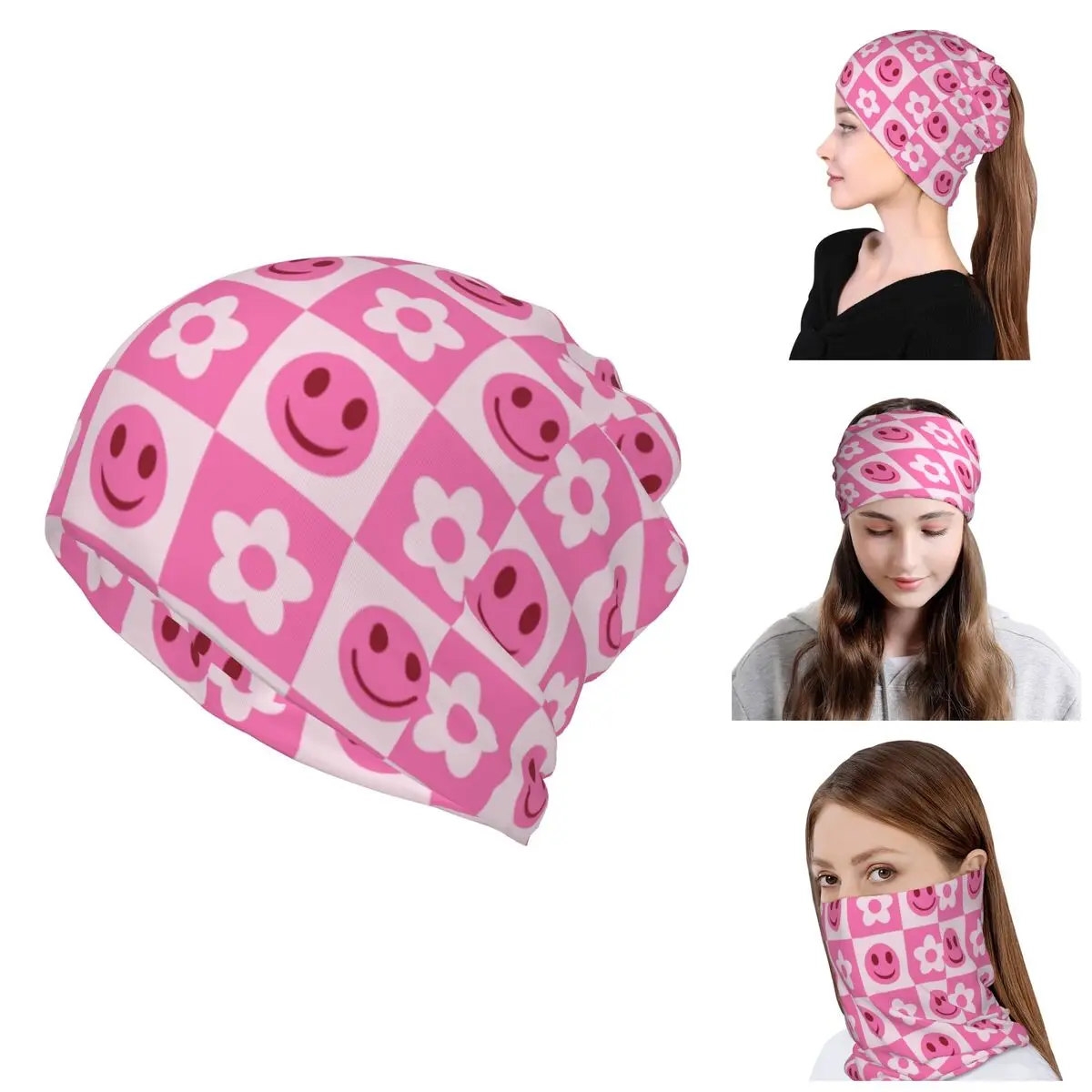 

Клетчатая розовая бандана с улыбающимся лицом и цветочным рисунком, шейный платок для походов, шарф, головные уборы, шапочки, шапки