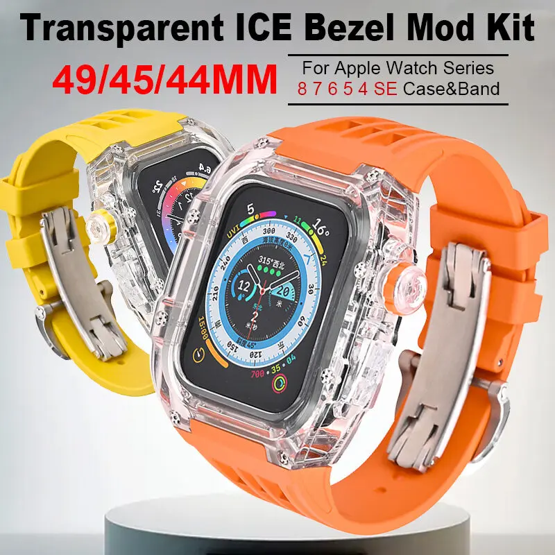 

Transparent Case Modification Kit for Apple Watch 8 ultra 49mm 7 6 SE 5 4 Rubber Band IWatch Series 8 45mm 44mm Sport Bracelet