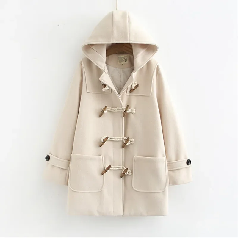 

2023 Double Row Horn Buckle Wool Coat Women Long Spring Autumn Clothing Loose Size Hooded Woolen s Manteau Femme 569