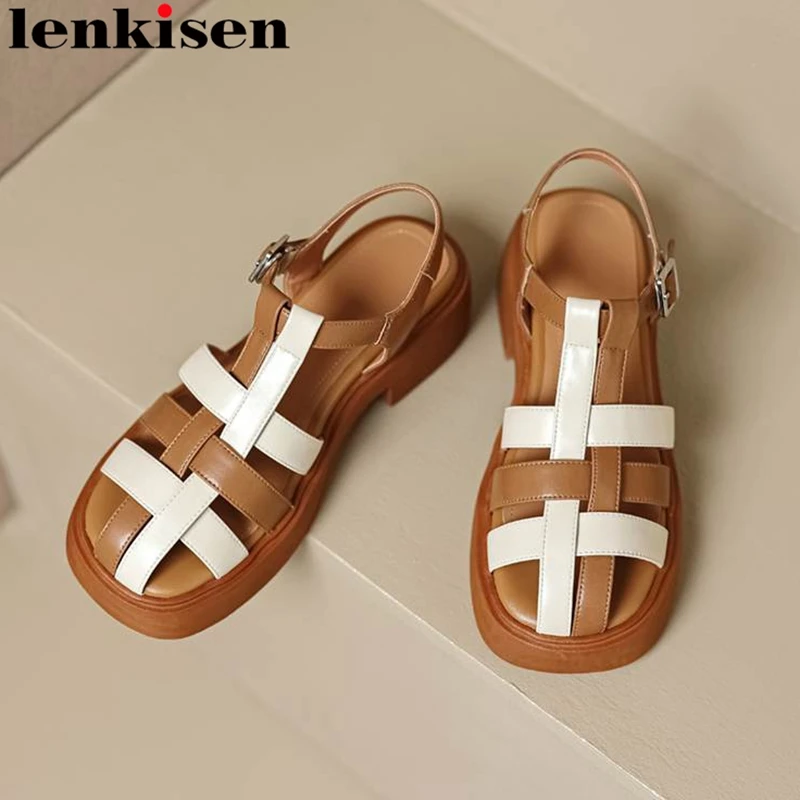 

Lenkisen Cow Leather Mixed Color Casual Round Toe Vacation Summer Shoes Platform Med Heels Concise Elegant Runway Sandals Women