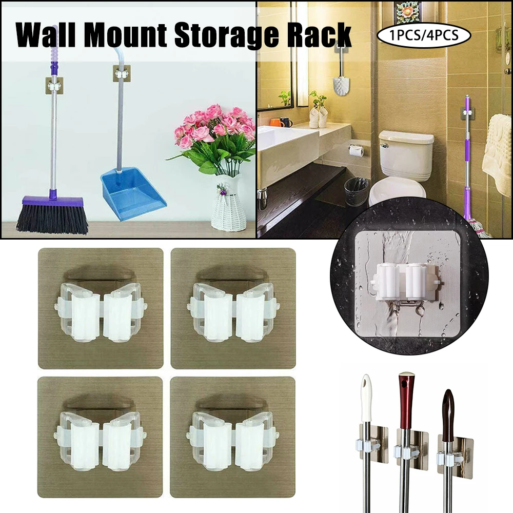 

4Pcs Free Punch Pylons Mop Hook Mop Hook Seamless Bathroom Mop Hook Broom Shelf Mop Clip For Kitchen Bathroom Storage Rack