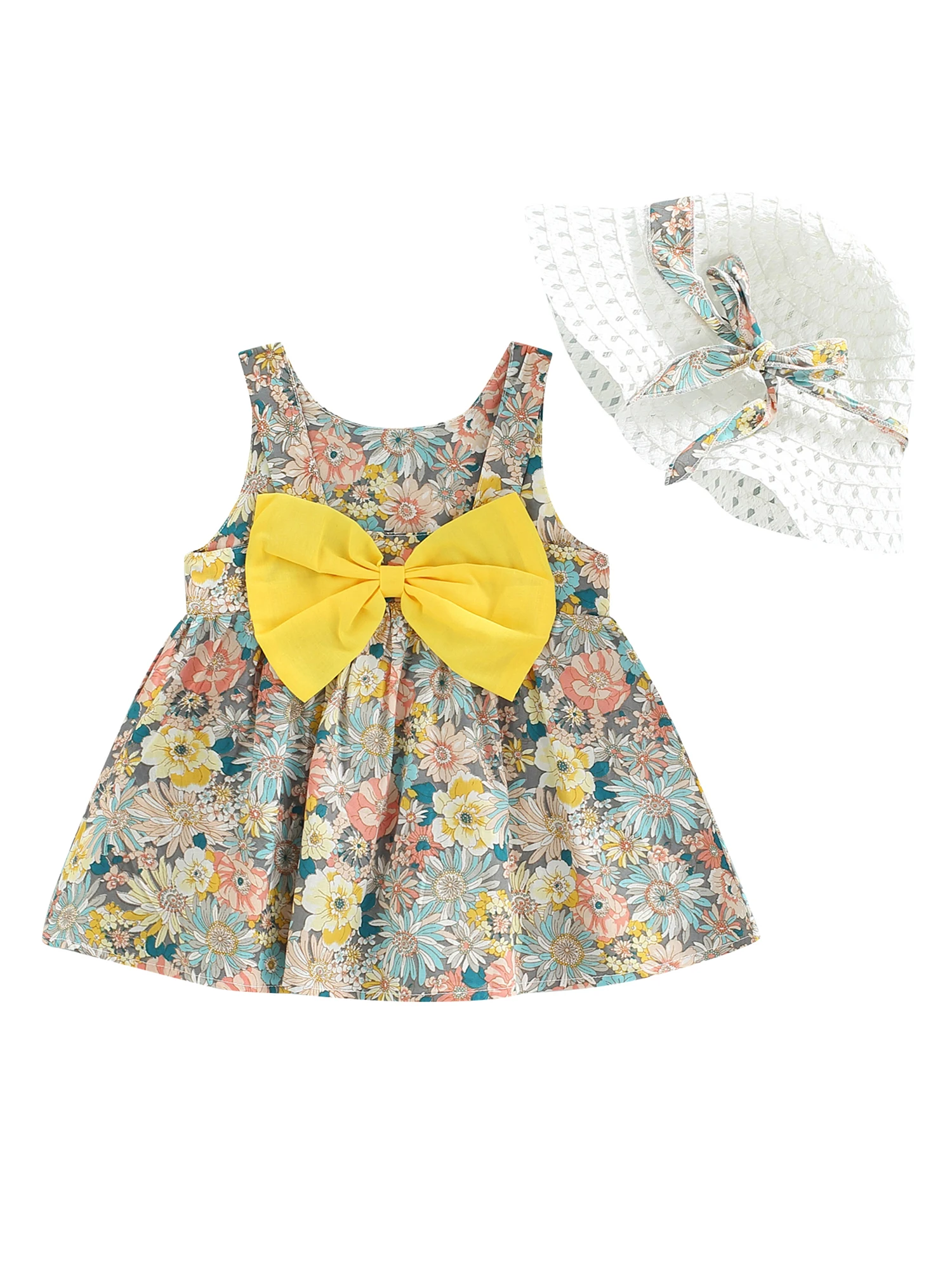 

Платье для маленьких девочек без рукавов, юбка с бантом и цветочным принтом и солнцезащитной шляпой, 2 шт., повседневное летнее платье для крещения