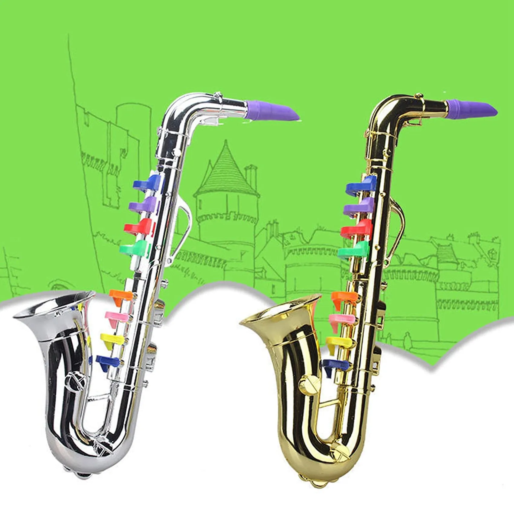 

Saxophone 8 Colored Keys Metallic Simulation Props Play Mini Musical Wind Instruments for Children Birthday Toy Gold