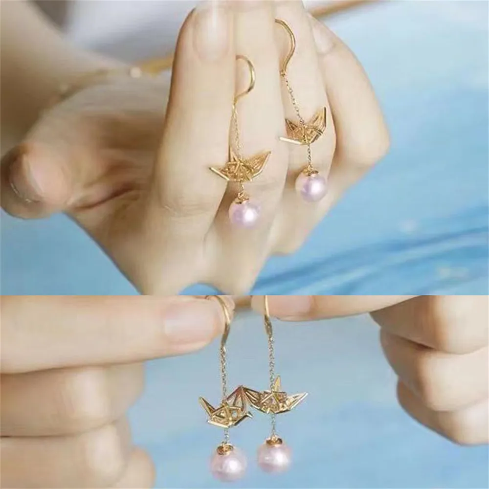 

DIY Pearl Earnail Accessories S925 Sterling Silver Jewelry Thousand Paper Crane Earrings Female Empty Holder Fit 8-10mm Beads