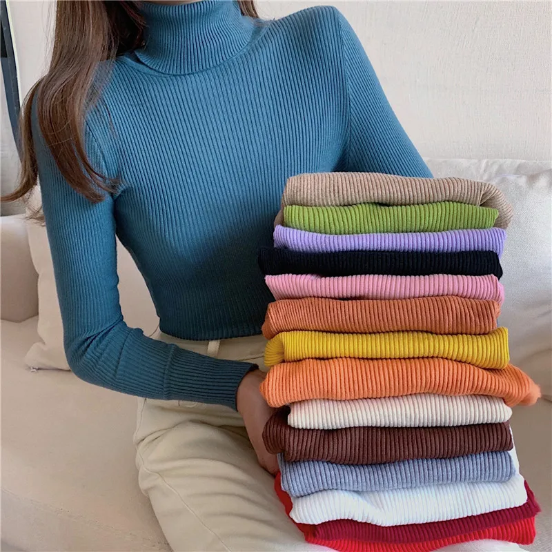 

Turtleneck Sweater Pullover Women Autumn Winter Slim Elastic Soft Knit Sweaters Woman Basic Casual Knitting Jumper Solid Tops