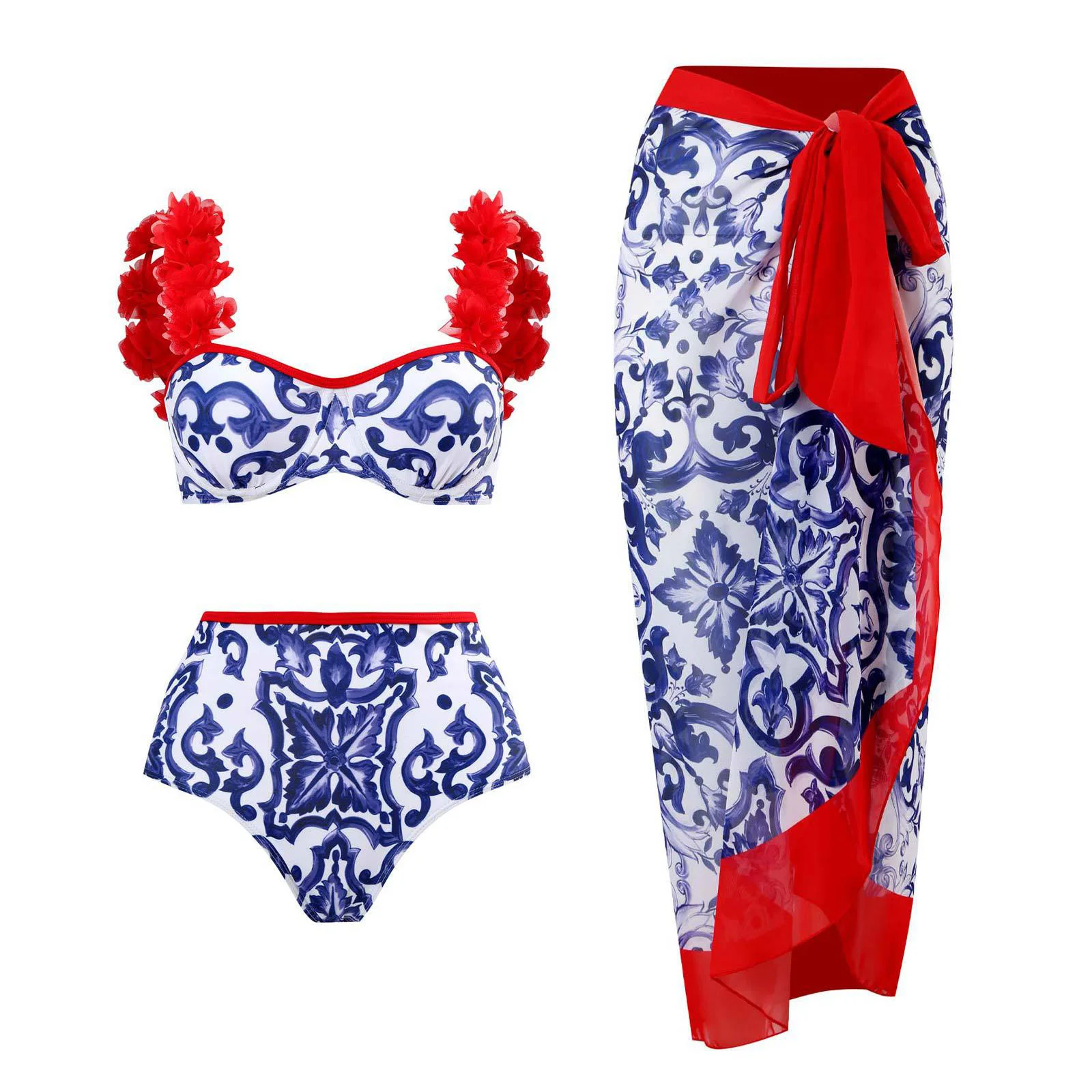 

Женский раздельный купальник с подкладкой, летнее бикини с высокой талией и принтом, три купальника для женщин с шортами, два предмета