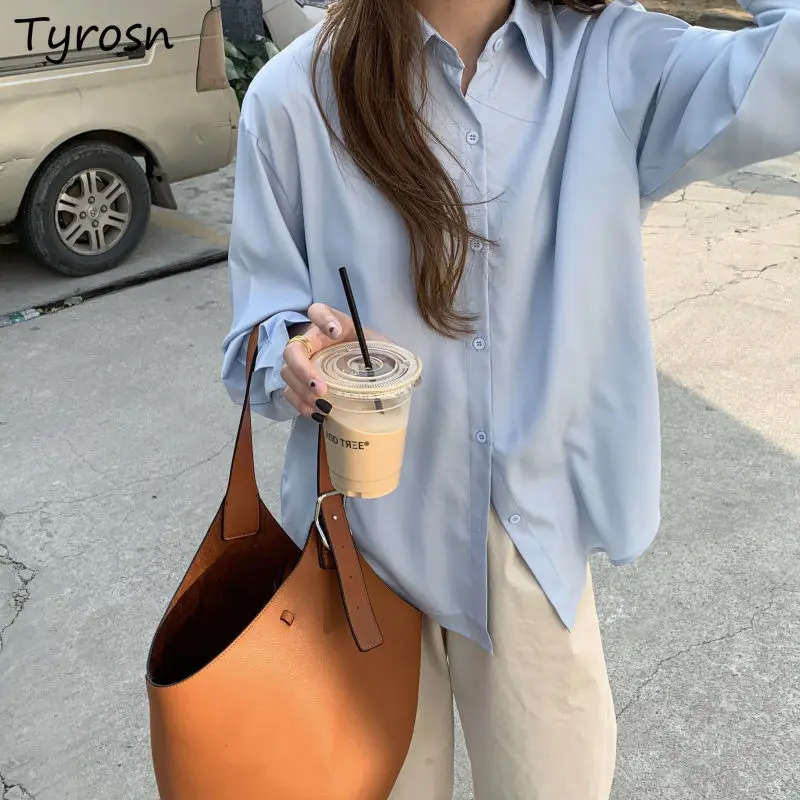 

Spring Women White Shirts Long Sleeve Casual Turn-down Collar Button Top Office Korean Trend Loose Minimalist Mori-girl Chemise
