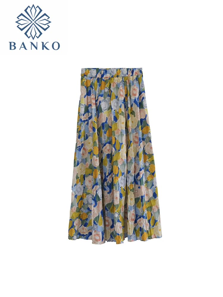 

Юбка женская плиссированная средней длины с высокой талией, винтажная дизайнерская трапециевидная юбка с принтом контрастных цветов, с оборками, до середины икры, осень-лето