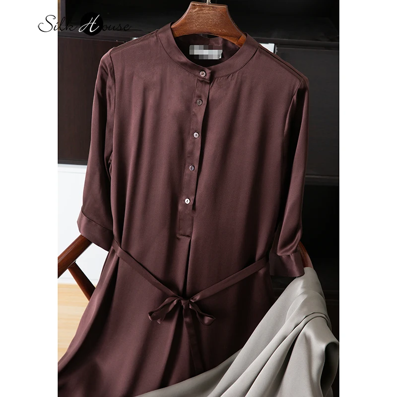 

Платье-рубашка женское из шелка, с воротником-стойкой