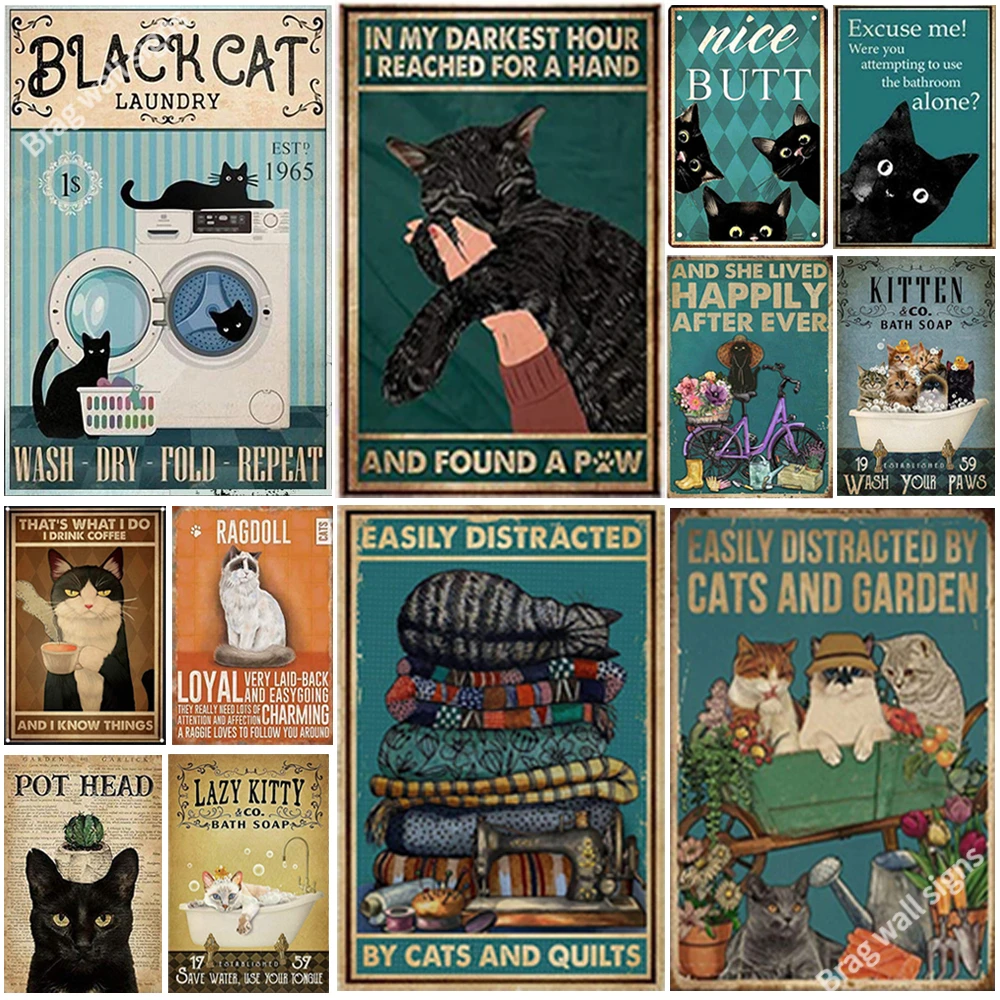 

Funny Cat Vintage Metal Poster Cute Animal Wall Tin Painting Home Cafe Pet Shop Decoration Retro Art Metal Tin Signs Black Cat