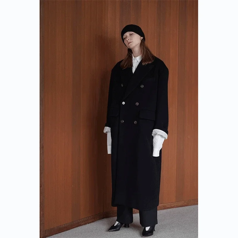 

2023 Autumn and Winter Striped Curling Double-breasted Loose Long Lapel Wool Warm Jacket for Women