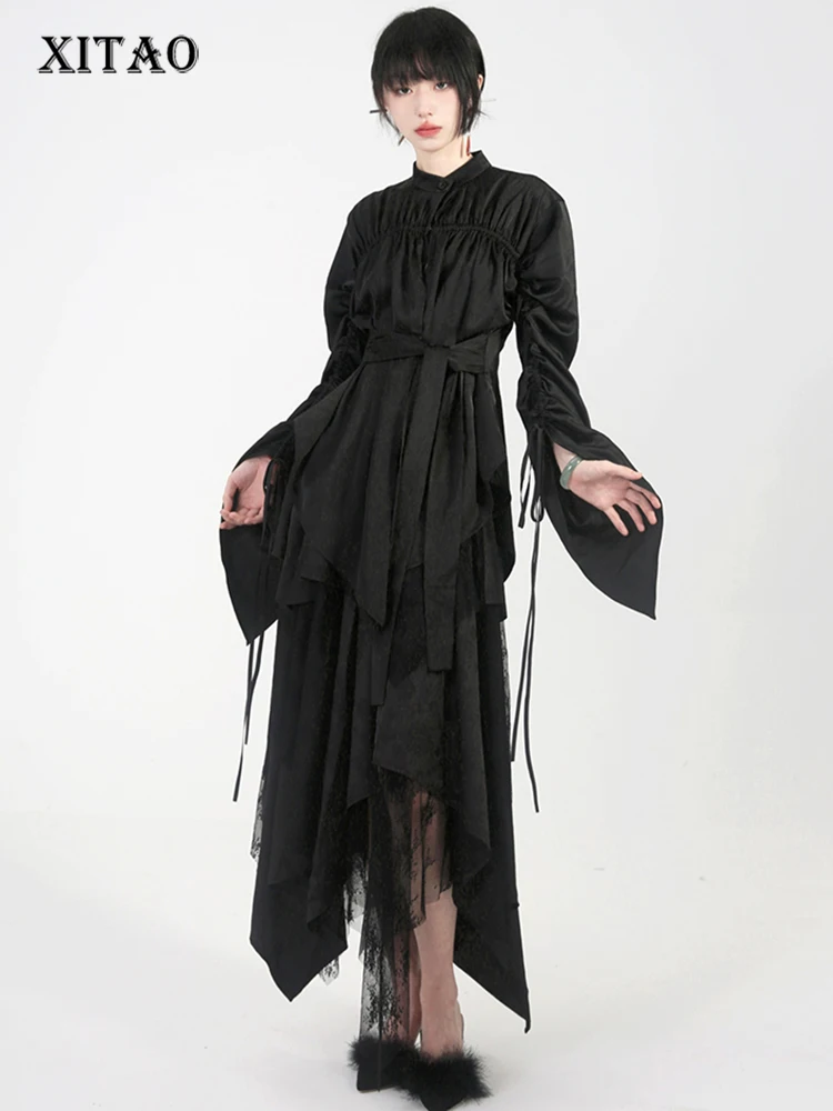 

XITAO/Асимметричная плиссированная рубашка с длинными рукавами; Однотонная простая универсальная рубашка; Коллекция 2023 года; Сезон осень; Новинка Женская рубашка; Топ; DMJ2564