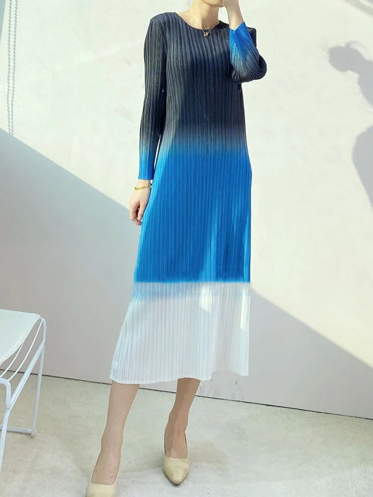 

Miyake Pleated Dress Woman Hit Color Straight Elastic Waist Long Sleeve Casual Style Female Clothes 2022 Summer Fashion Women