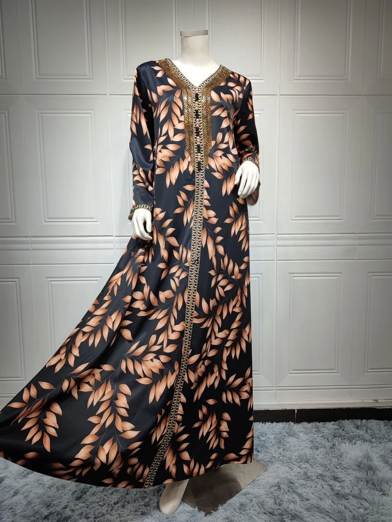 Beading Printed Jalabiya Caftan Muslim Dress Women Dubai Abaya Saudi Modest Islam Arabian Party Evening Dresses Moroccan Kaftan