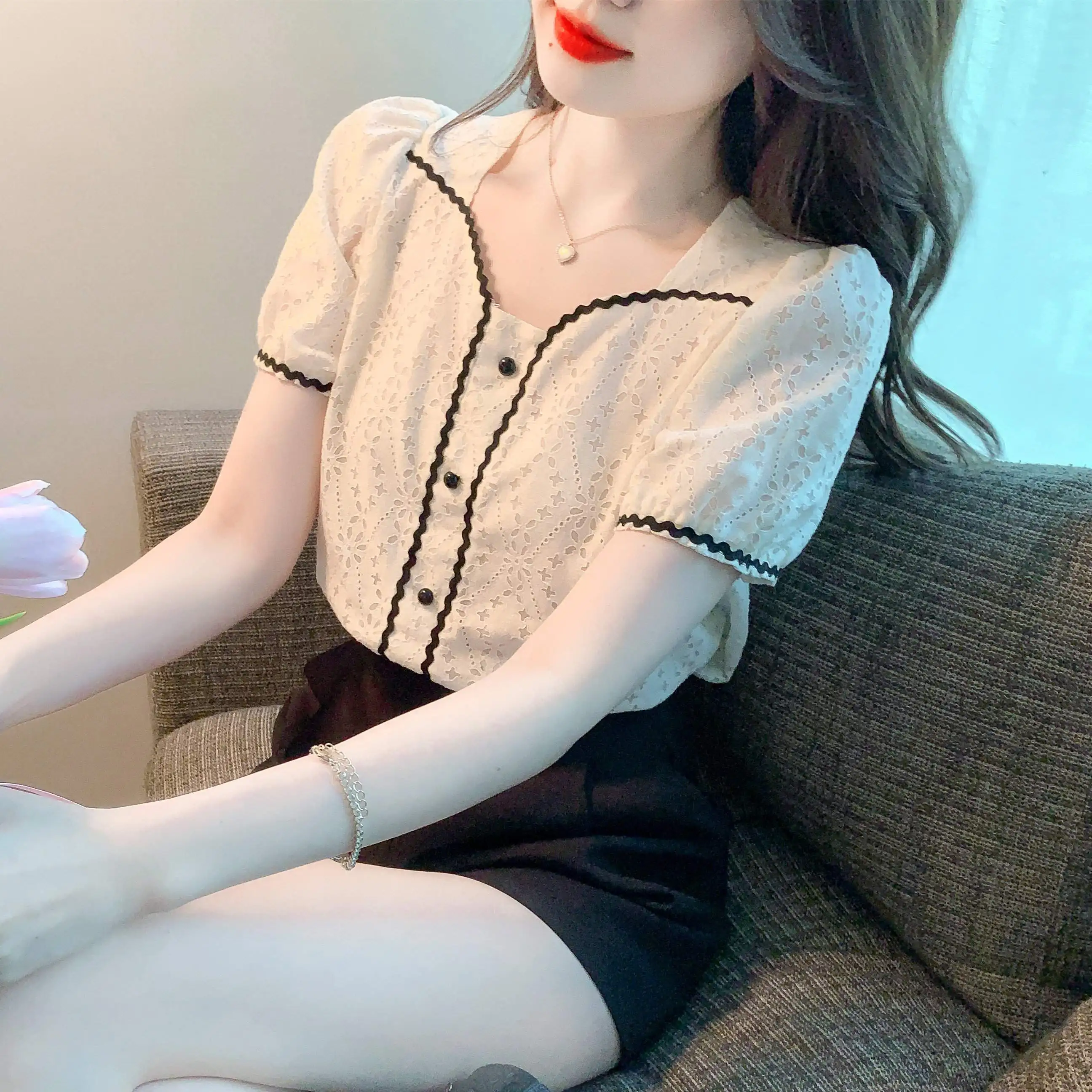 

COIGARSAM Shirt Womens Tops Summer 2022 New Short Sleeve Lace Women Shirts Dropshipping