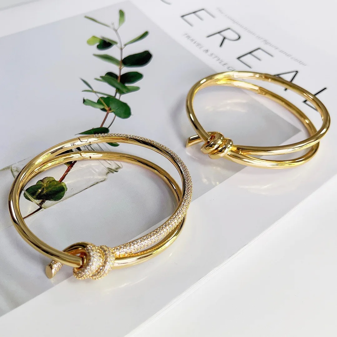 

New IN Knot Heart Golden Bracelets Bangle With CZ Fit For Women 925 Sterling Silver Luxury Jewelry Gift Fashion Jewellery