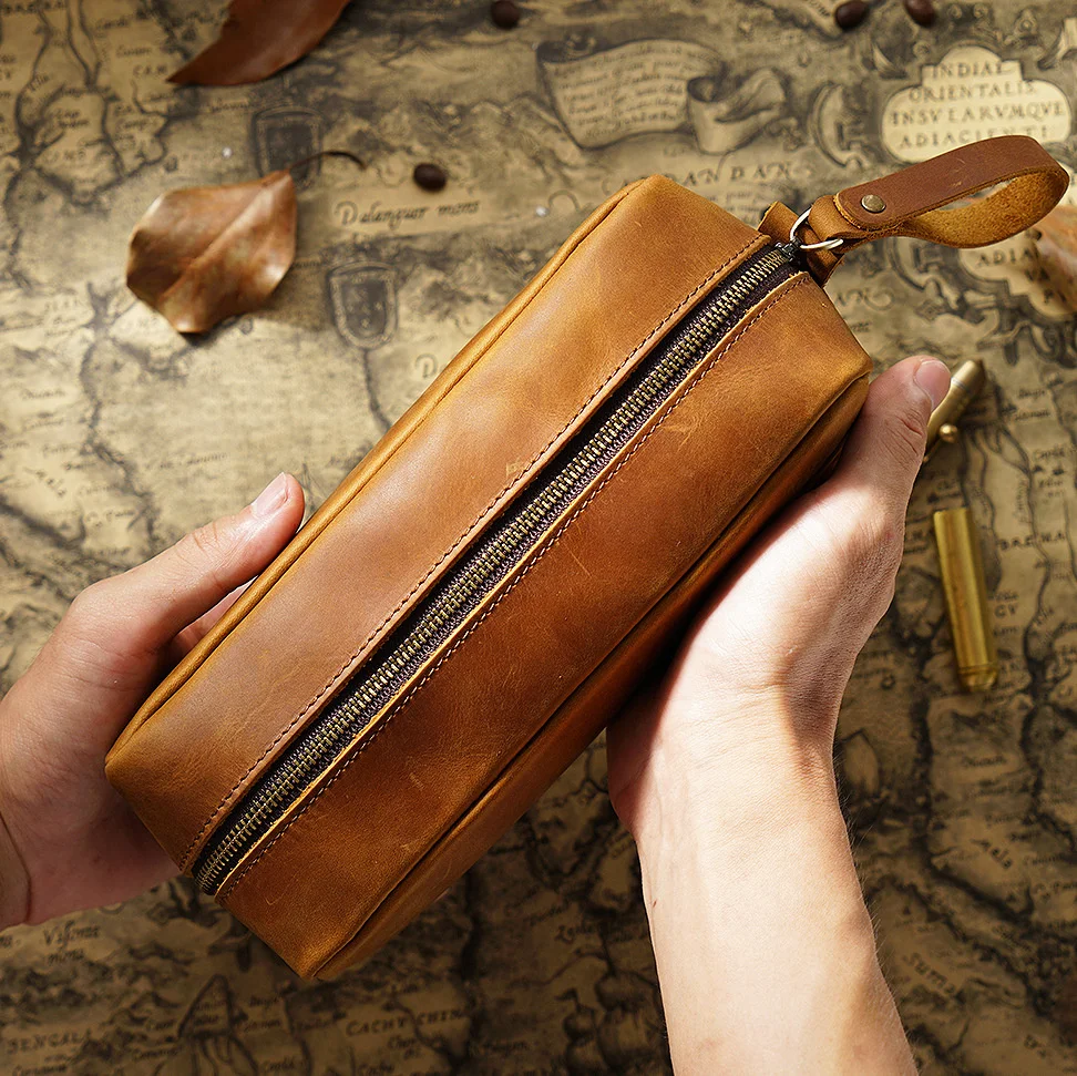 Case Genuine Leather Pen Pouch Zipper Cowhide School Bag Student Retro Stationery Storage Bag Pen Box