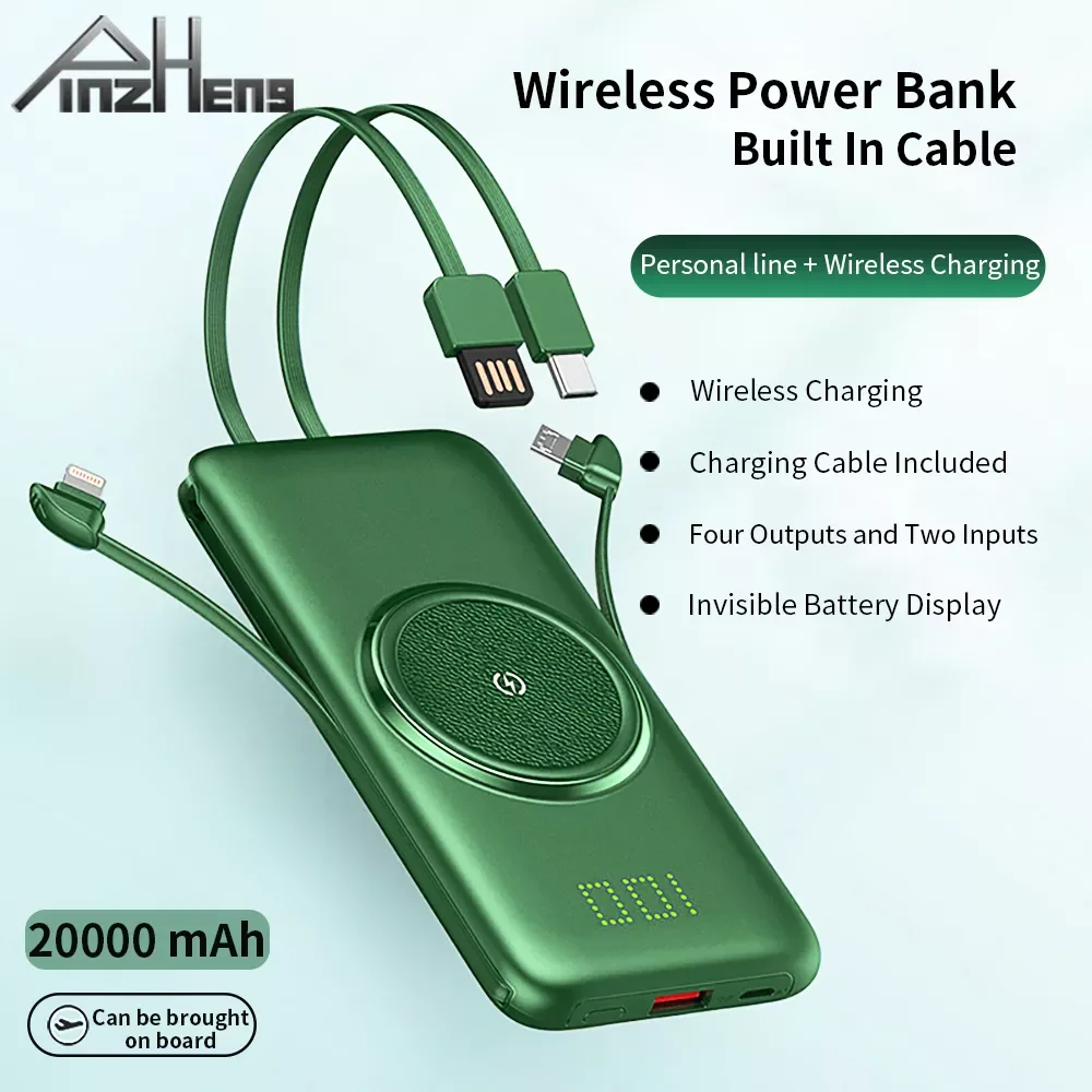 

2023New PINZHENG 20000mAh Wireless Charger Power Bank Built-in 4 Cables 10000mAh Powerbank Portable External Battery Charger For