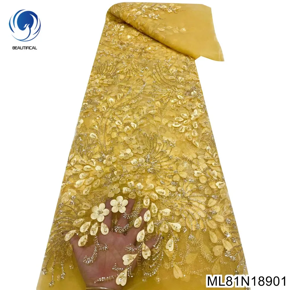 

Новое поступление, 3D маленькие цветочные блестки, кружевная ткань, дизайн с ручкой, 2023 благородное золото для платья для больших случаев ML81N189