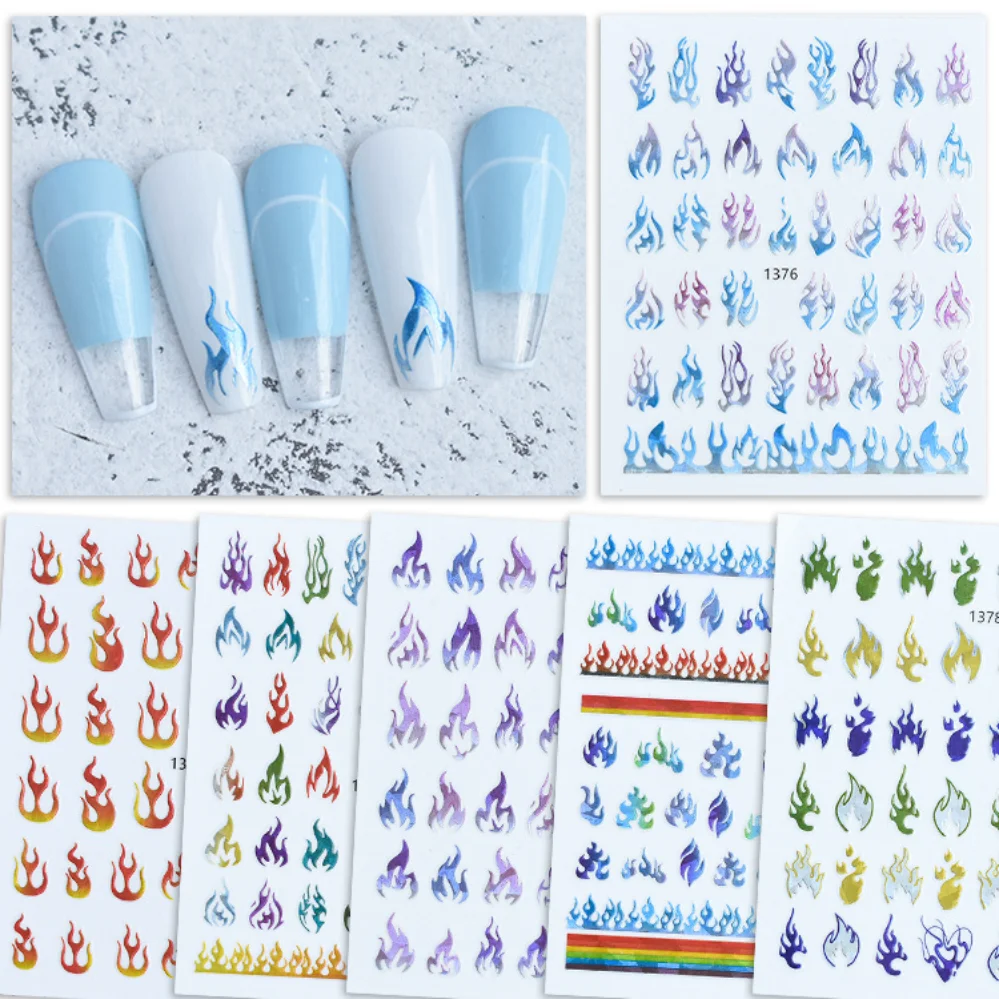 

Fire Flame Nail Art Stickers 3D Pink Black Color Design Adhesive Slider Foils Blue DIY Wraps Summer Decoration Decals Decor Tool