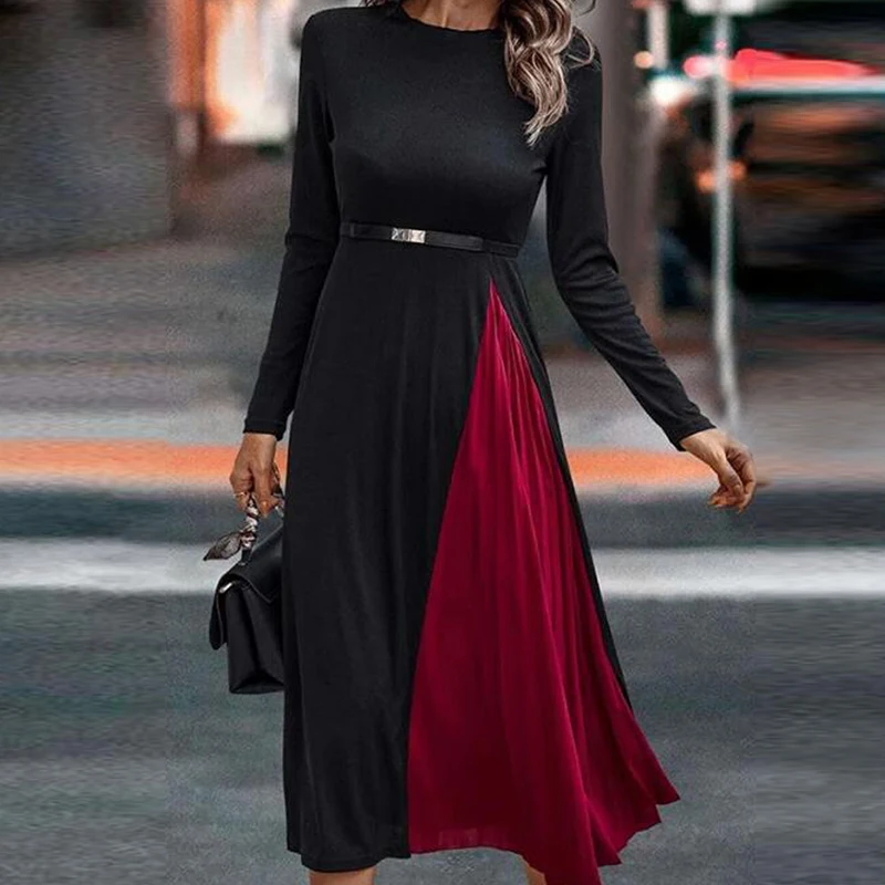 

New Autumn Office Lady Elegant Patchwork Pleated Dress Fashion Women O-Neck Slim Long Dress Sexy Harajuku Party Dresses Vestidos