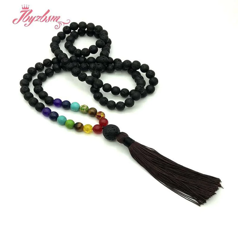 

8mm Round Lava Necklace For Women Chakra Volcanic Stone Beaded Necklace Meditation Healing Tassel Jewelry Necklace Gift 40cm