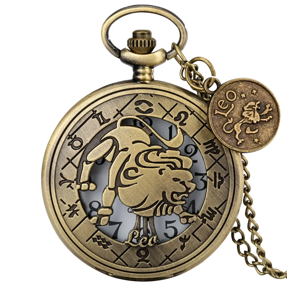 

12 Constellations Theme Leo Necklace and Label Men's Flip Bronze Hollow Quartz Pocket Watches Valentine's Day Gift for Boyfriend