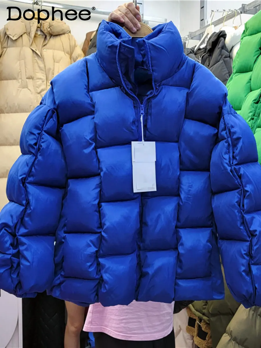 2022 Winter New Three-Dimensional Woven Square Couple Cotton Coat Fashion Solid Warm Thickened Puffer Jacket Casaco Femininos