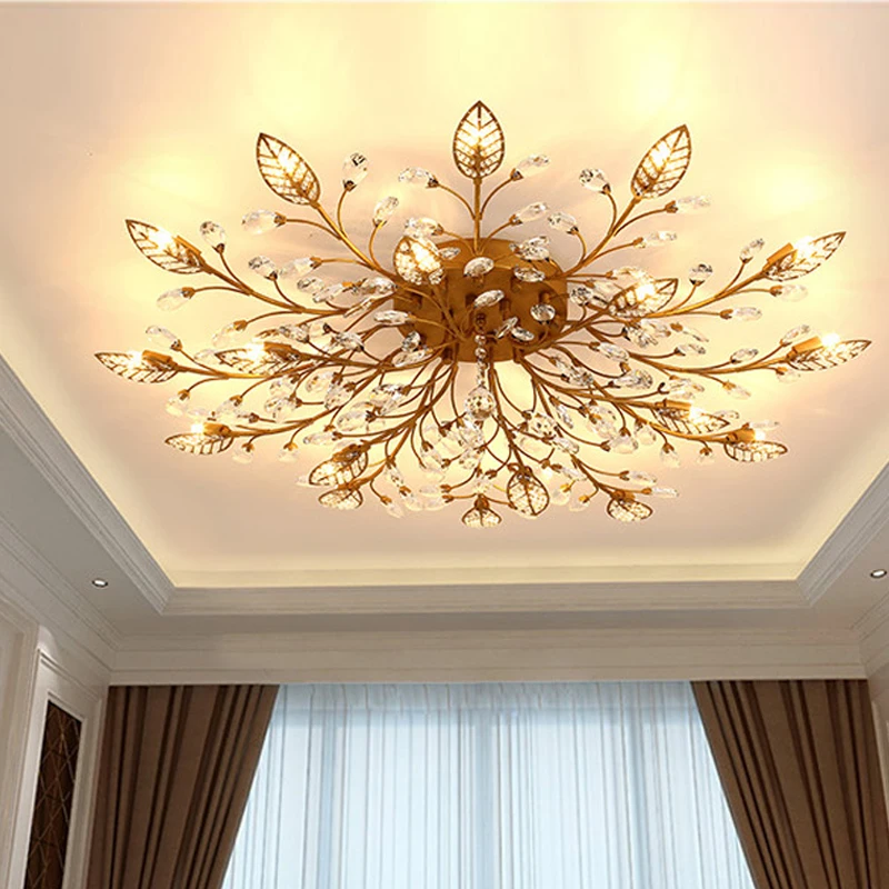 

American Country Pastoral Bedroom Living Room Luxury Crystal Ceiling Lamp Round Flower Branch Home Decoration Kitchen LED Lamps