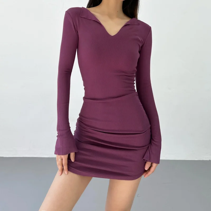 

Сексуальное весеннее платье TVVOVVIN 2023 для пряных девушек, облегающее бедра, женское платье с длинным рукавом и V-образным вырезом, эластичное Плиссированное модное платье OJ8J