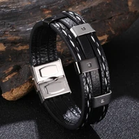 trendy jewelry leather bracelets for men charm stainless steel layered braided bangle personalized boy friend gift bb1251