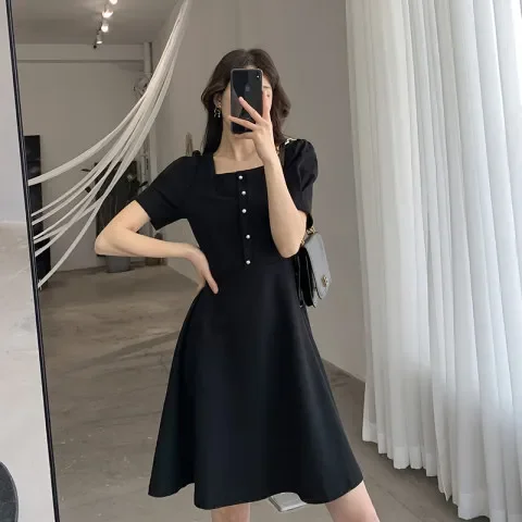 Elegant Vintage French Style Black Dress For Women Summer 2023 Square Collar Mini With Mincemoon Sleeves And Lace Details |