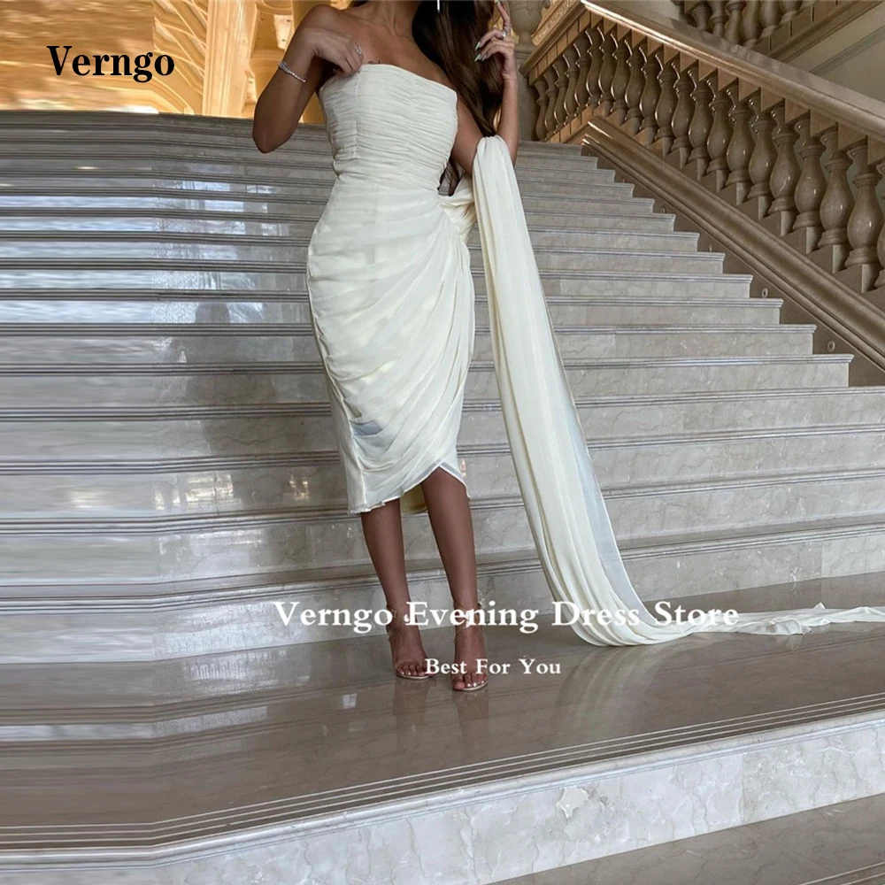 

Verngo Sexy Strapless Chiffon Short Prom Party Dresses Pleats Knee Length Saudi Arabic Women Evening Night Club Formal Gowns