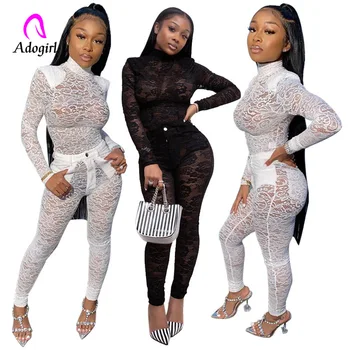 2020 New Spring Women Sets Turtleneck Full Sleeve Mesh Bodysuit + Pants Suit 2 Piece Set Lace Sexy Night Club Tracksuits Outfits 1