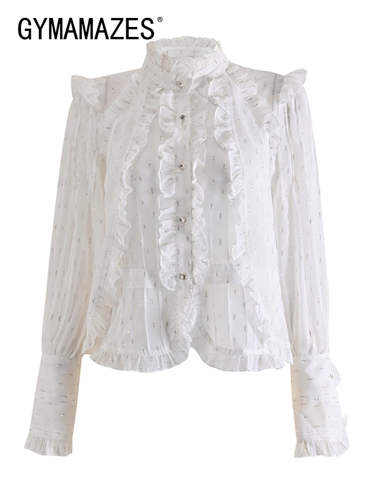 

GYMAMAZES Solid Patchwork Lace Up Elegant Blouses For Women Stand Collar Long Sleeve Spliced Single Breasted Chic Blouse Female