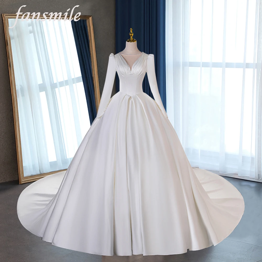 

Fansmile Full Sleeve Satin Wedding Dress 2022 Cathedral Train Elegant Satin Bridal Ball Gowns FSM-206T