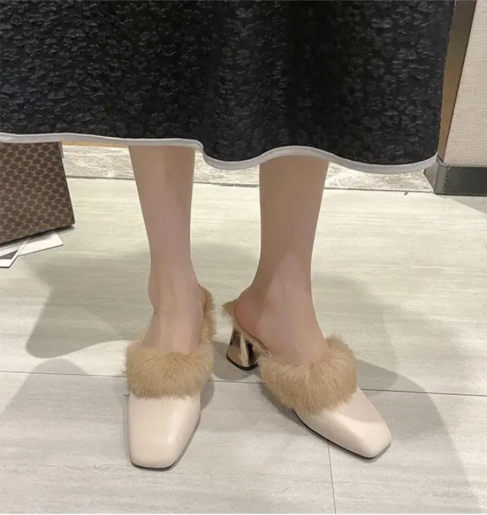 Outdoor winter women's plush thick platform warm square head cotton slippers fur household comfortable anti-skid women's outer s