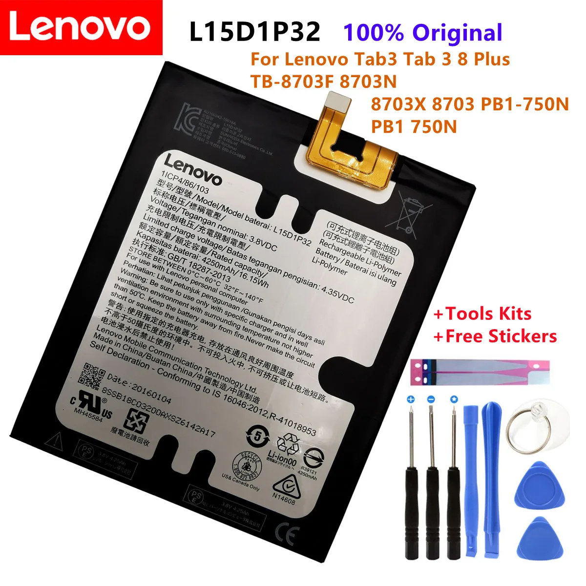 

100% Original L15D1P32 4250mAh Battery For Lenovo Tab3 Tab 3 8 Plus TB-8703F 8703N 8703X 8703 PB1-750N PB1-750+ Tools