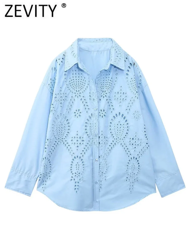 

Zevity Women Fashion Hollow Out Embroidery Loose Smock Blouse Female Chic Long Sleeve Breasted Casual Shirt Blusas Tops LS3847