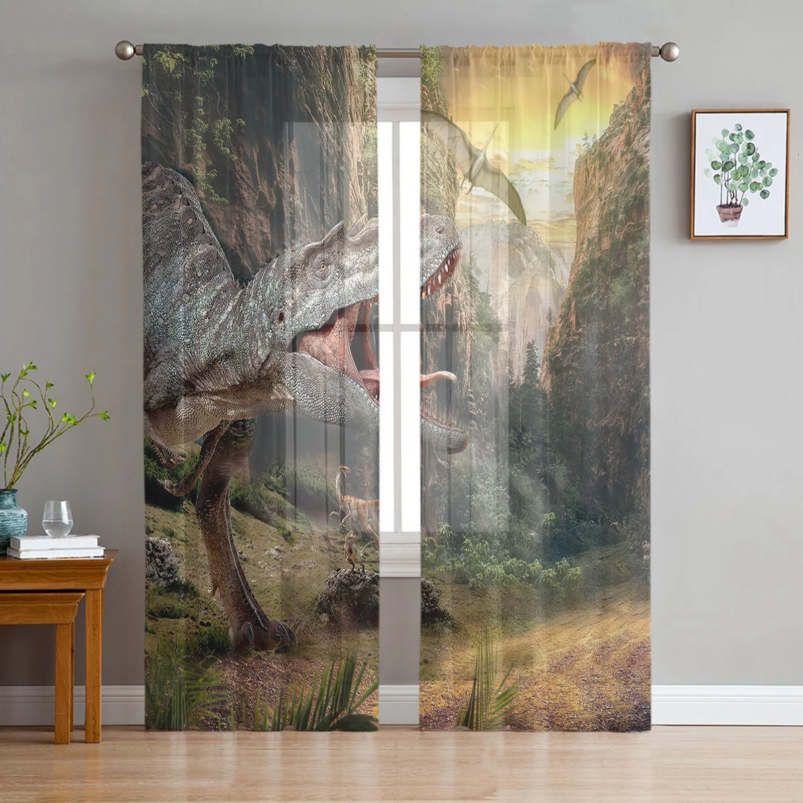 

Jurassic Dinosaur 3D Primeval Forest Tulle Sheer Curtains for Living Room Bedroom Kitchen Decor Voile Organza Window Curtains