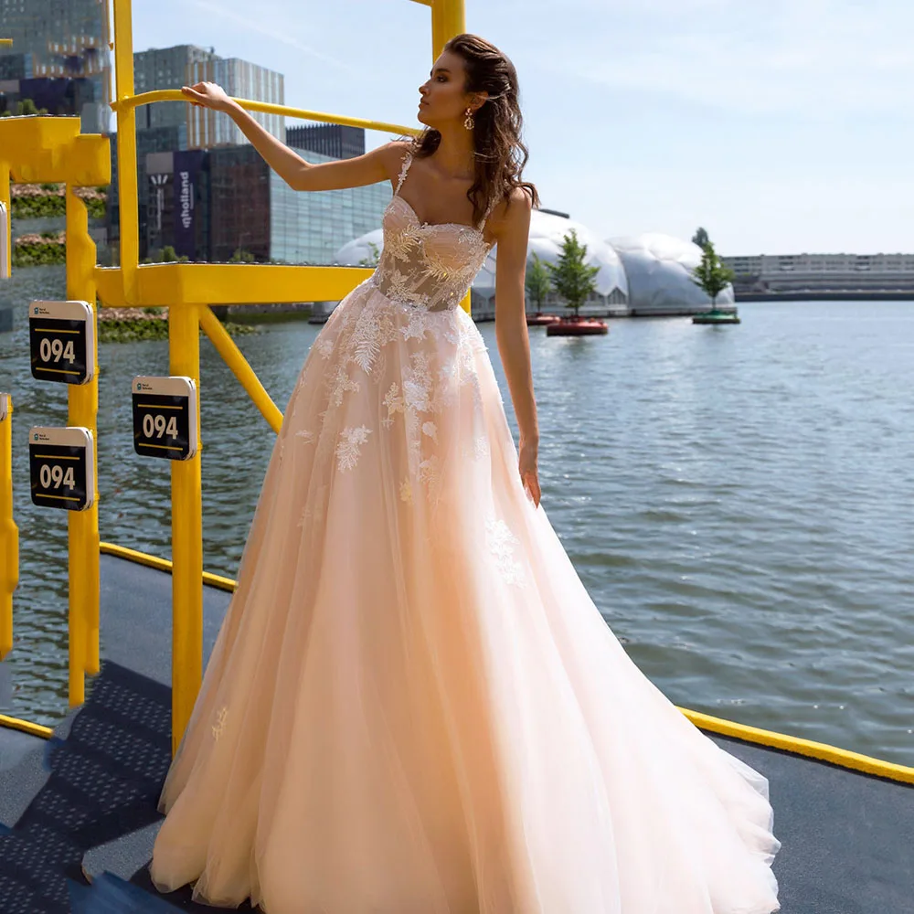

Kejiadian Elegant Pink Wedding Dress Boho Sweetheart Strap Sequin Lace Bridal Dress Princess A Line Wedding Party Gowns Lace Up