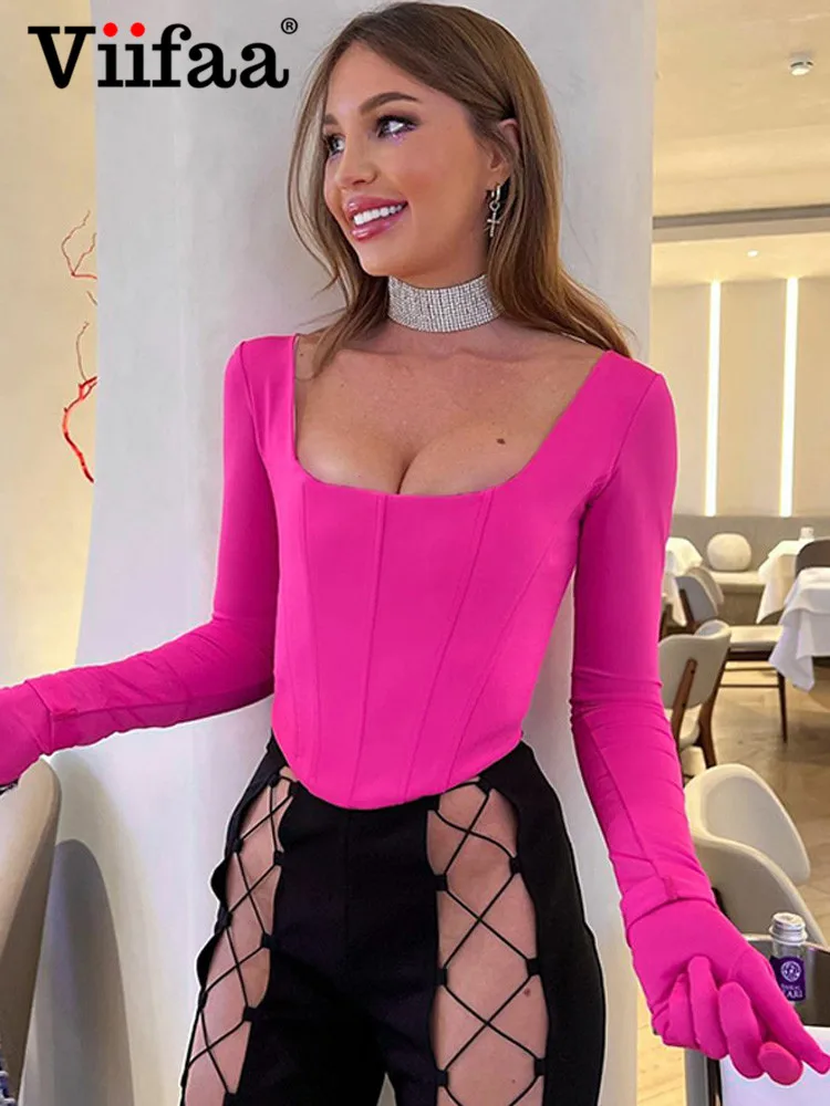 

Viидея, корсет с квадратным вырезом, короткий топ с изогнутым подолом, футболки с длинным рукавом 2023, уличная одежда, женские весенние одното...