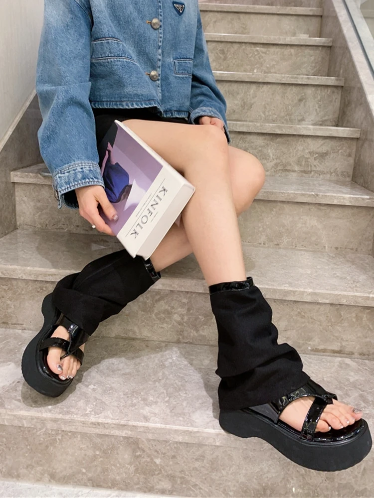 2023 Dark Hot Girl Style Sweet Cool Flip Toe Platform Denim Pants Tube Sandals Open Toe Mopping Floor Boots Women's Shoes