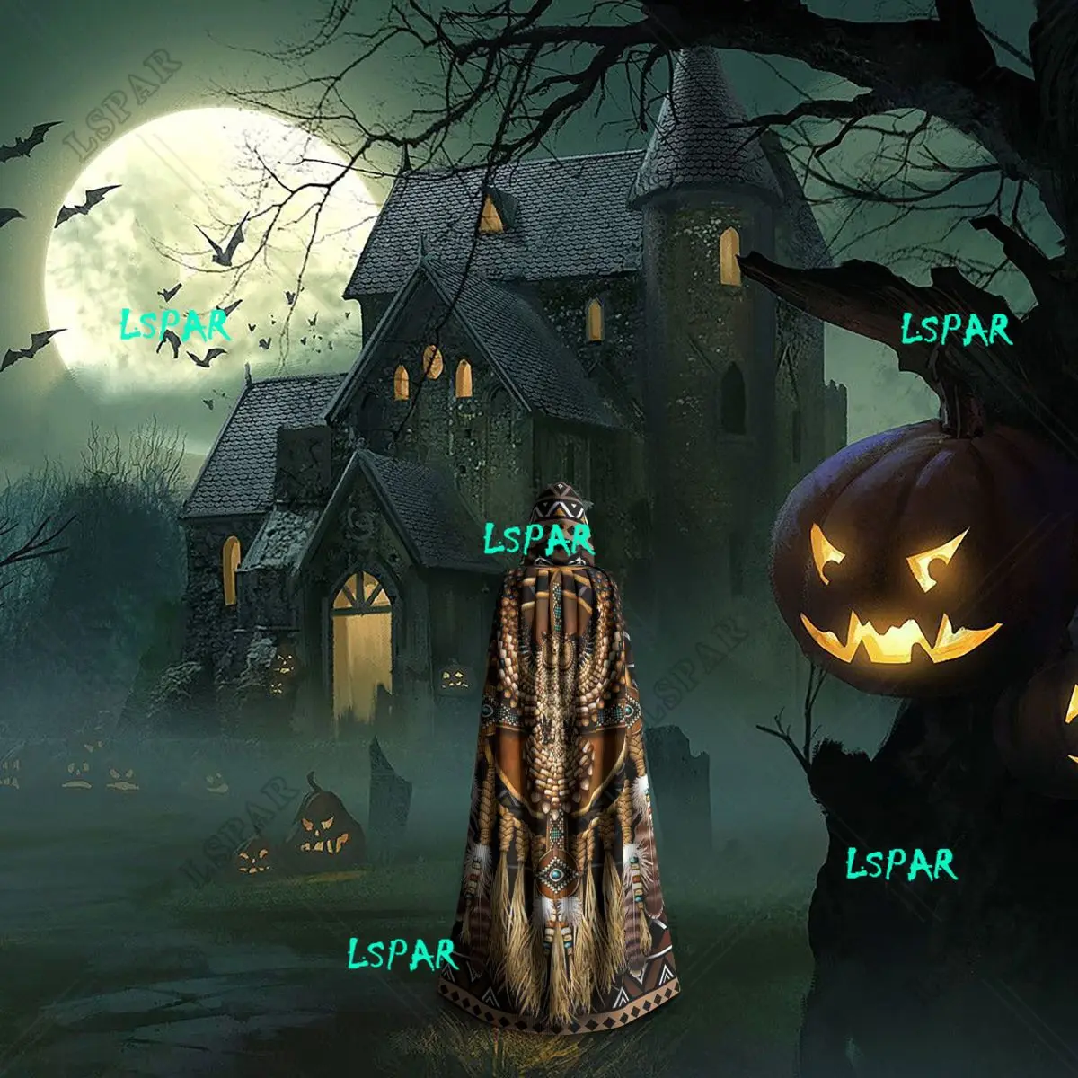 Mandala Owl Long Hooded Cloak Witch Medieval Costume Cosplay Cape HalloweenCoat Adult Unisex