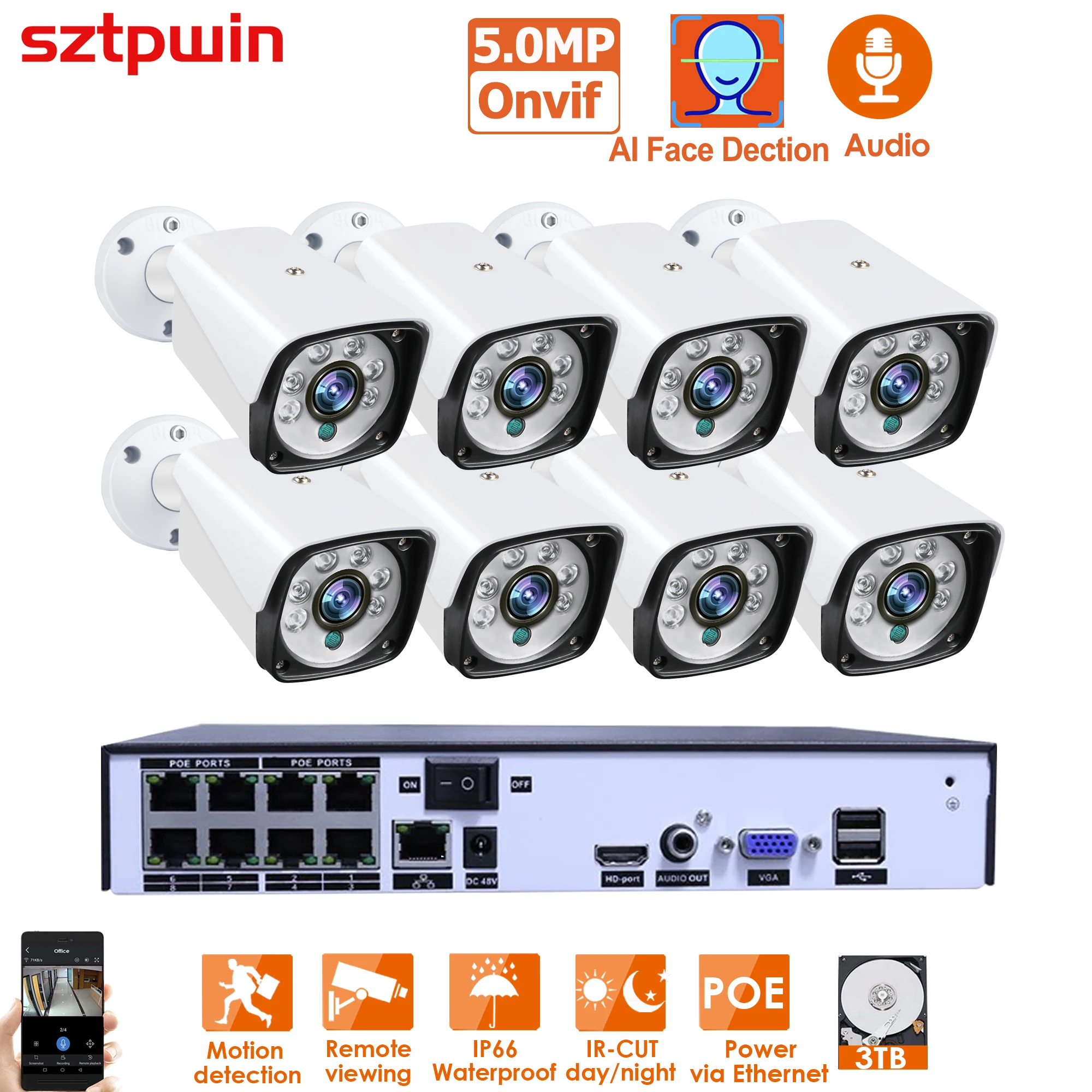 

H.265+ 8CH 5MP POE Security Camera System Kit Audio Recorder Rj45 Face Detection IP Camera Outdoor Waterproof CCTV Video NVR
