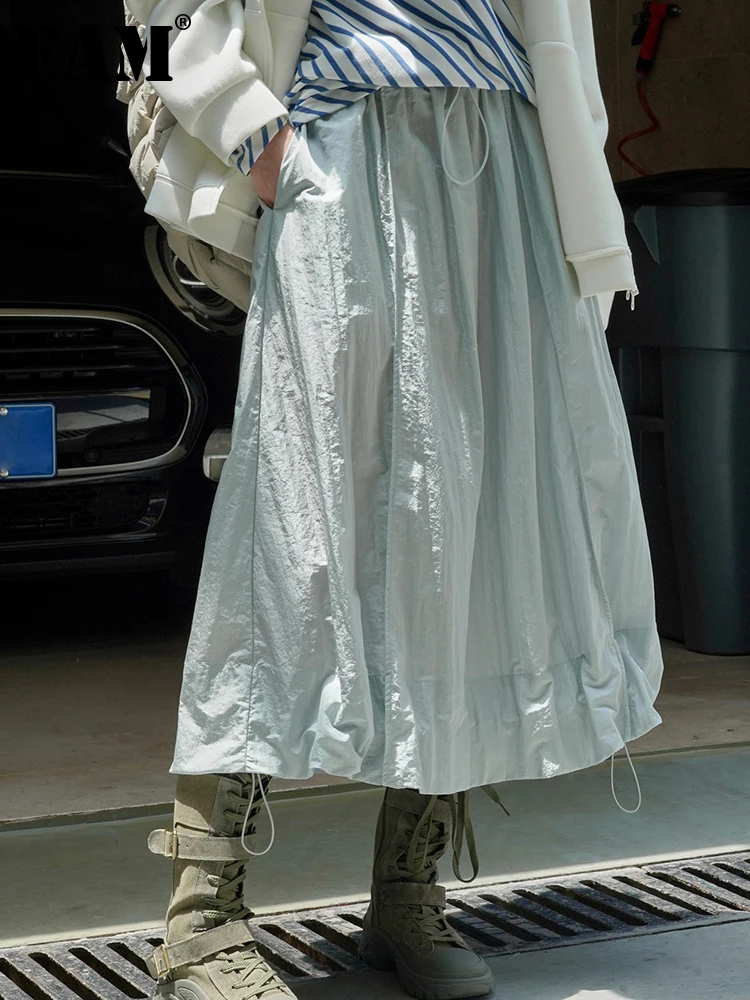 

[EAM] High Waist Gray Thin Pleated Bandage Casual A-line Half-body Skirt Women Fashion Tide New Spring Summer 2023 1DH0003