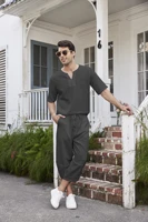 2022 summer new mens cotton and linen suit mens short sleeved casual suit cropped pants shirt suit