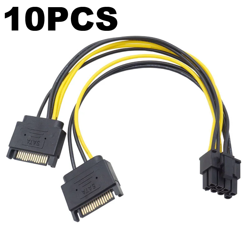 10pcs Dual SATA 15pin to 8pin(6+2) PCI-E PCIE Express Graphics Video Card Powrer Supply Converter Adapter GPU Extension Cables