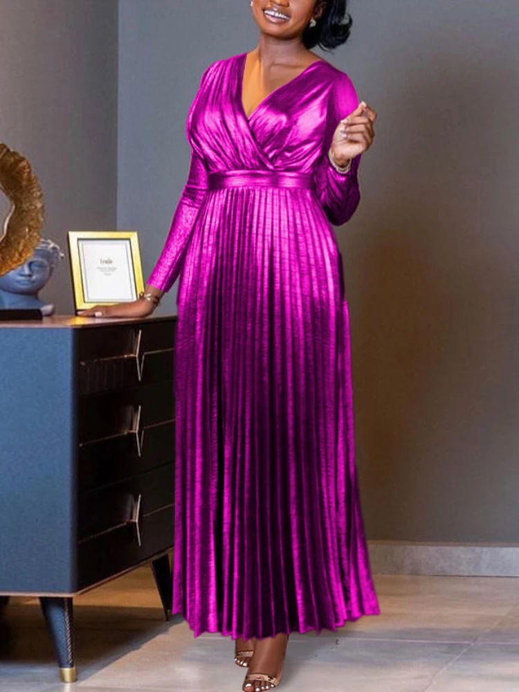 

AOMEI Evening Dress Shiny Gold Pleated High Waist Elegant Long Sleeves Christmas Party Luxury Metallic Fit Flare Prom Robe Femme