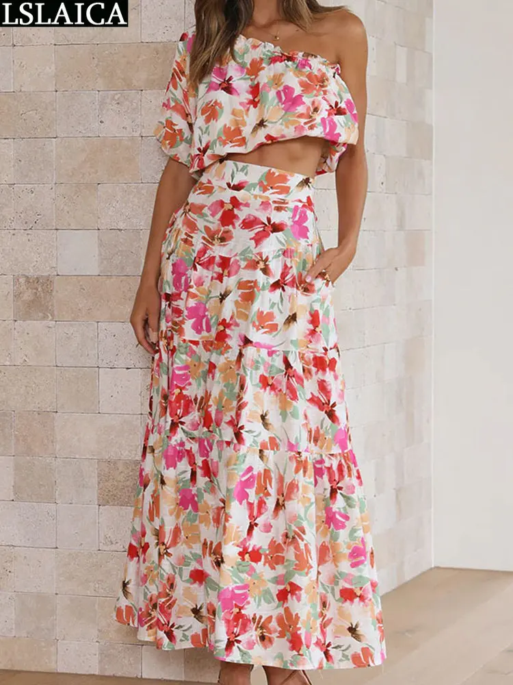 

Новинка; Комплекты для женщин; Бесплатная доставка; Летний женский костюм; Модный комплект с платьем и цветочным принтом; Блузы на одно плечо